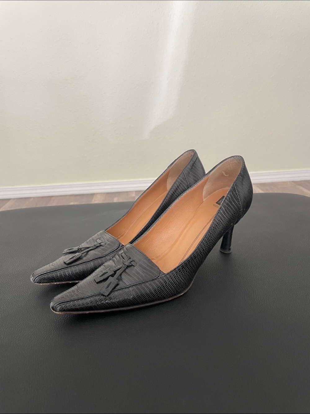 Anne Klein Black Pointed Tassel Mid-Heel Pumps